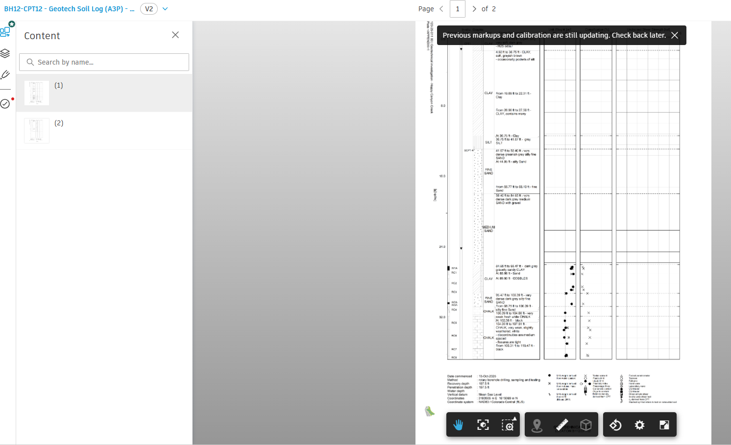 A geotechnical borehole log PDF open in the Forma browser viewer