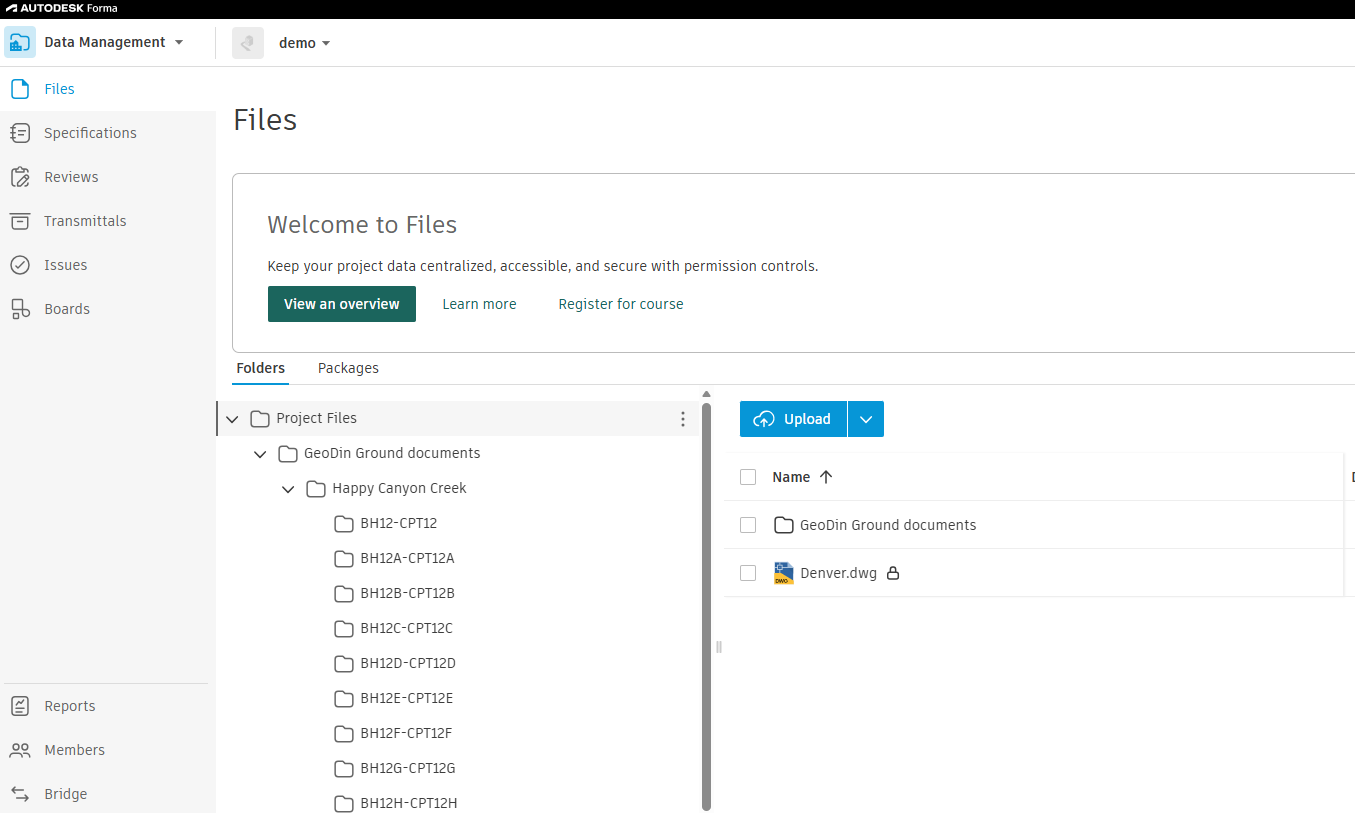 Autodesk Forma project view showing the synced DWG file and a GeoDin Ground documents folder