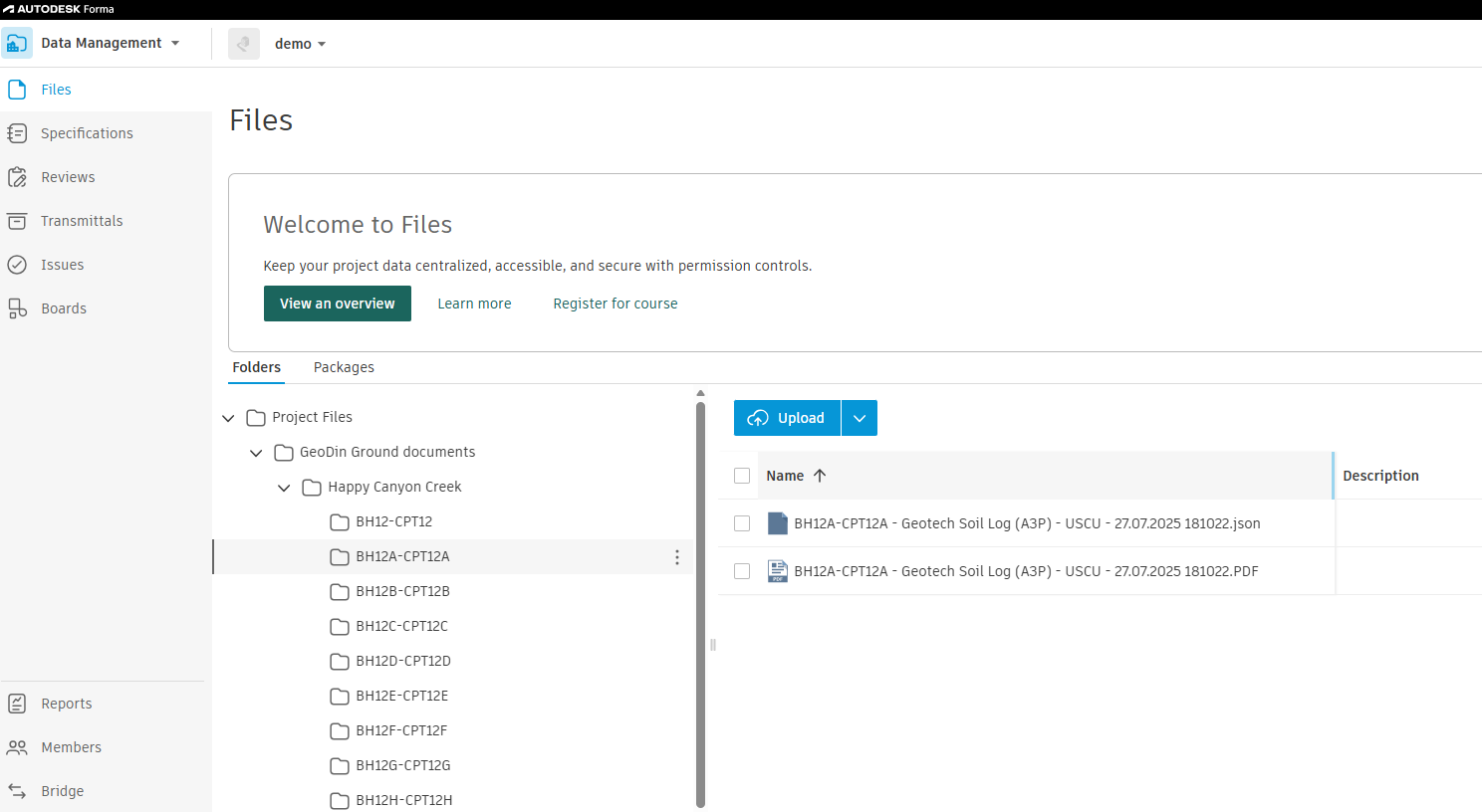 A borehole folder open in Forma showing the geotechnical PDF report files inside