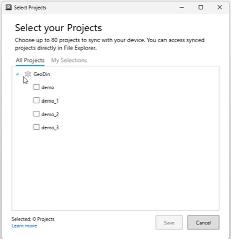 Desktop Connector dialog with the Select Projects button visible