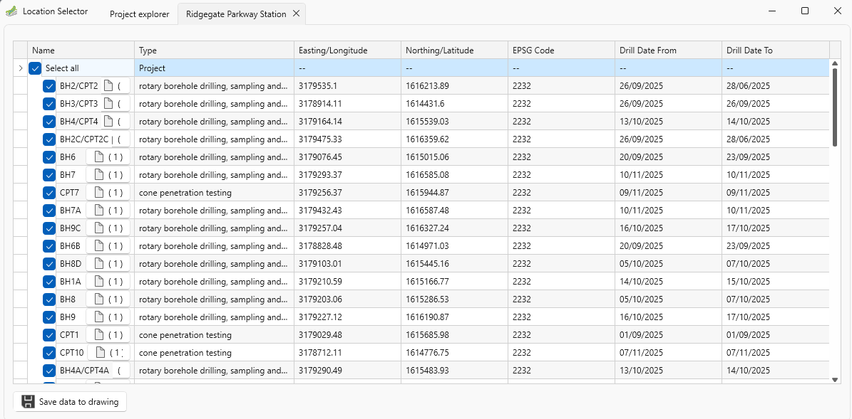 GeoDin Ground borehole selection dialog showing boreholes available for the selected site